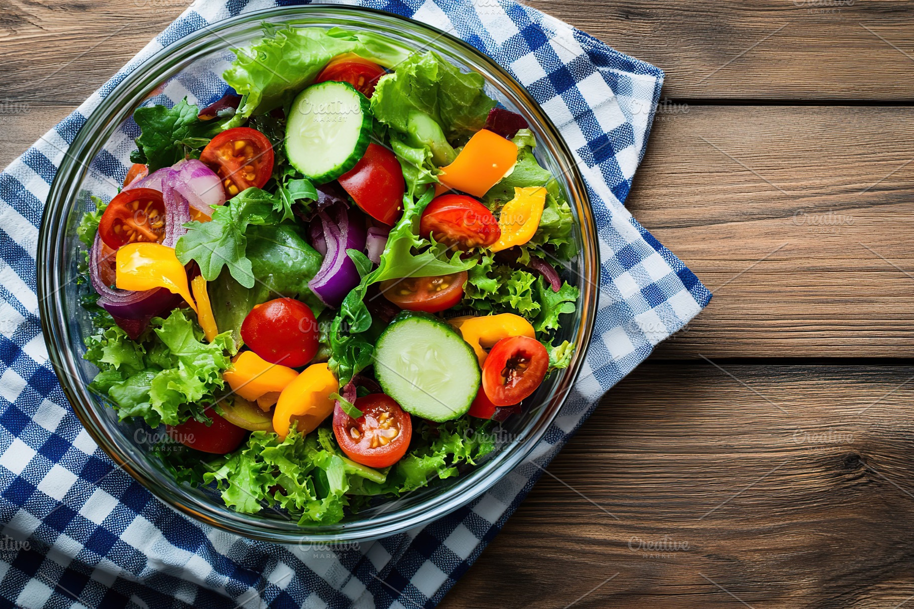 Fresh salad with vegetables in bowl, organic healthy food, a Food & Drink Photo by AlyaAnd