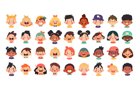 Flat children faces set. Cartoon, a Person Illustration by Stock-Smart-Start