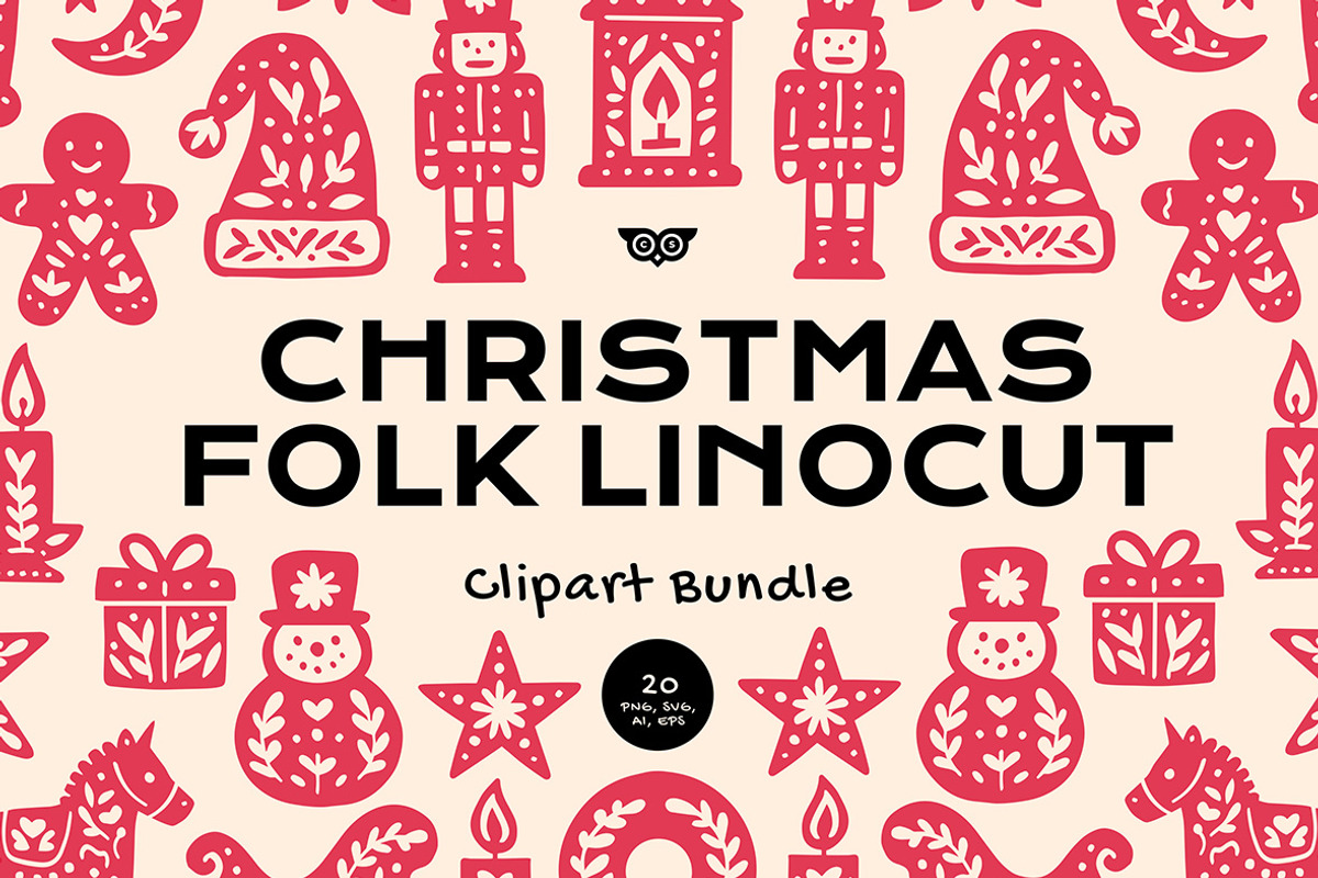 Christmas Folk Linocut Clipart Bundl, an Illustration by ClayStudio (Photo 1 of 6)
