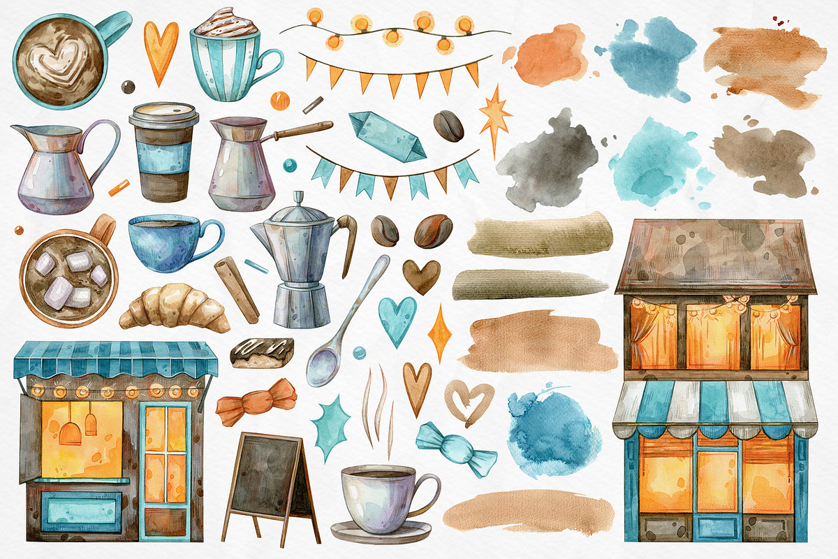 Watercolor Coffee Collection, a Decorative Illustration by Aquarellka (Photo 3 of 8)