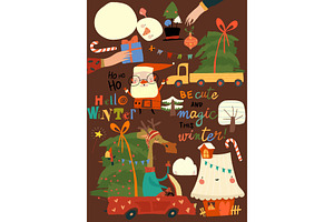 Cute Cartoon Set With Santa Claus