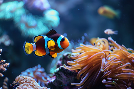 Clownfish in aquarium with blue water and corals, an Animal Photo by AlyaAnd