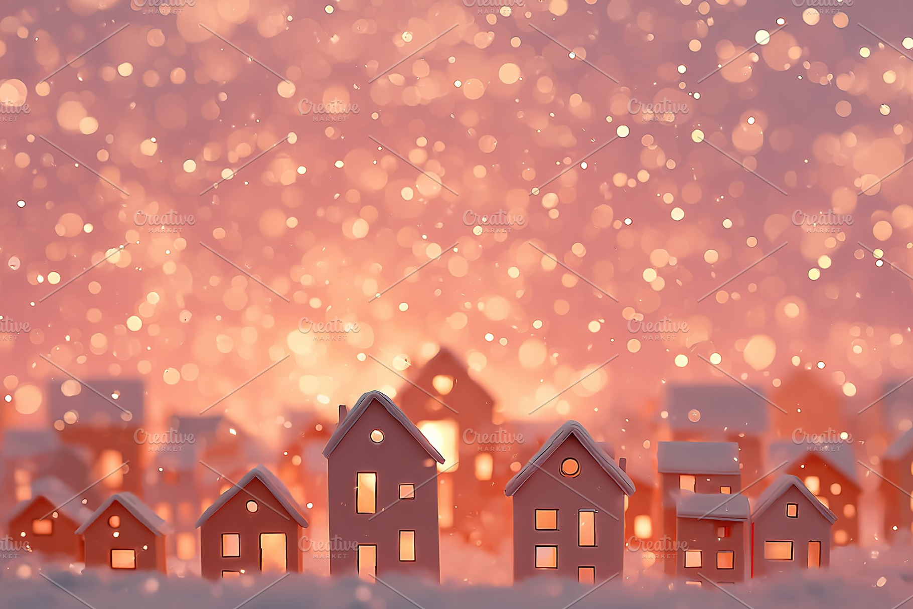Colorful winter village with glowing houses against a sparkling backdrop at dus, a Photo by AlyaAnd