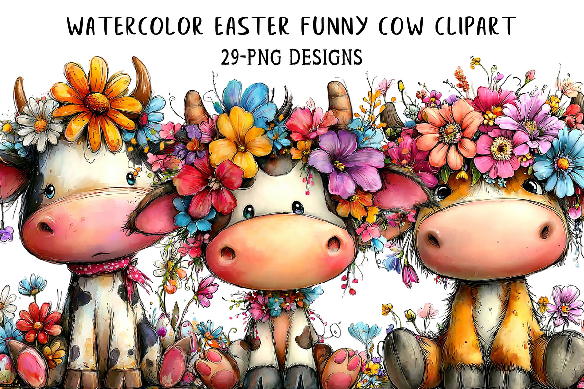 Watercolor Easter Funny Cow Clipart, an Illustration by Daily.Designs (Photo 1 of 7)