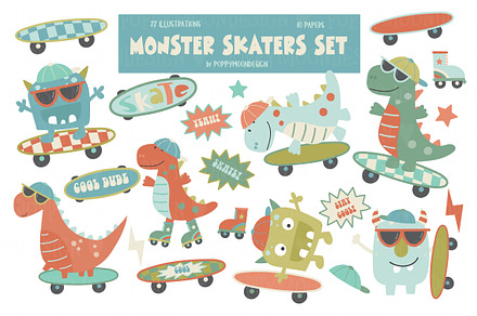 Monster skaters clipart & patterns