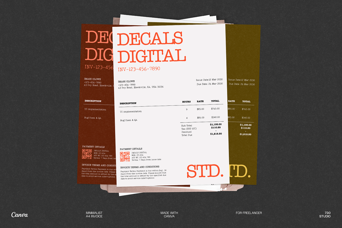 Minimalist Canva Freelance Invoice, a Stationery Template by 730 Studio (Photo 2 of 6)