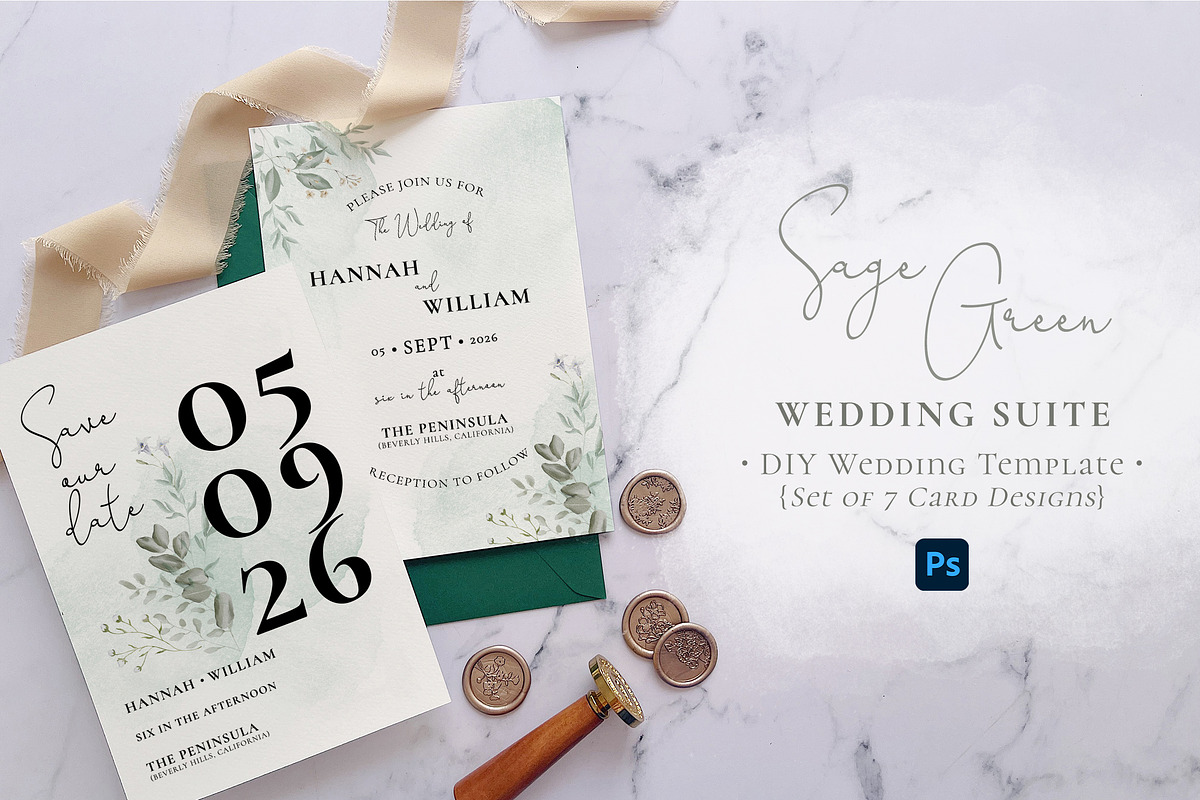 Sage Green Watercolor Wedding Suite, an Invitation Template by BlueRobinDesignShop (Photo 1 of 5)