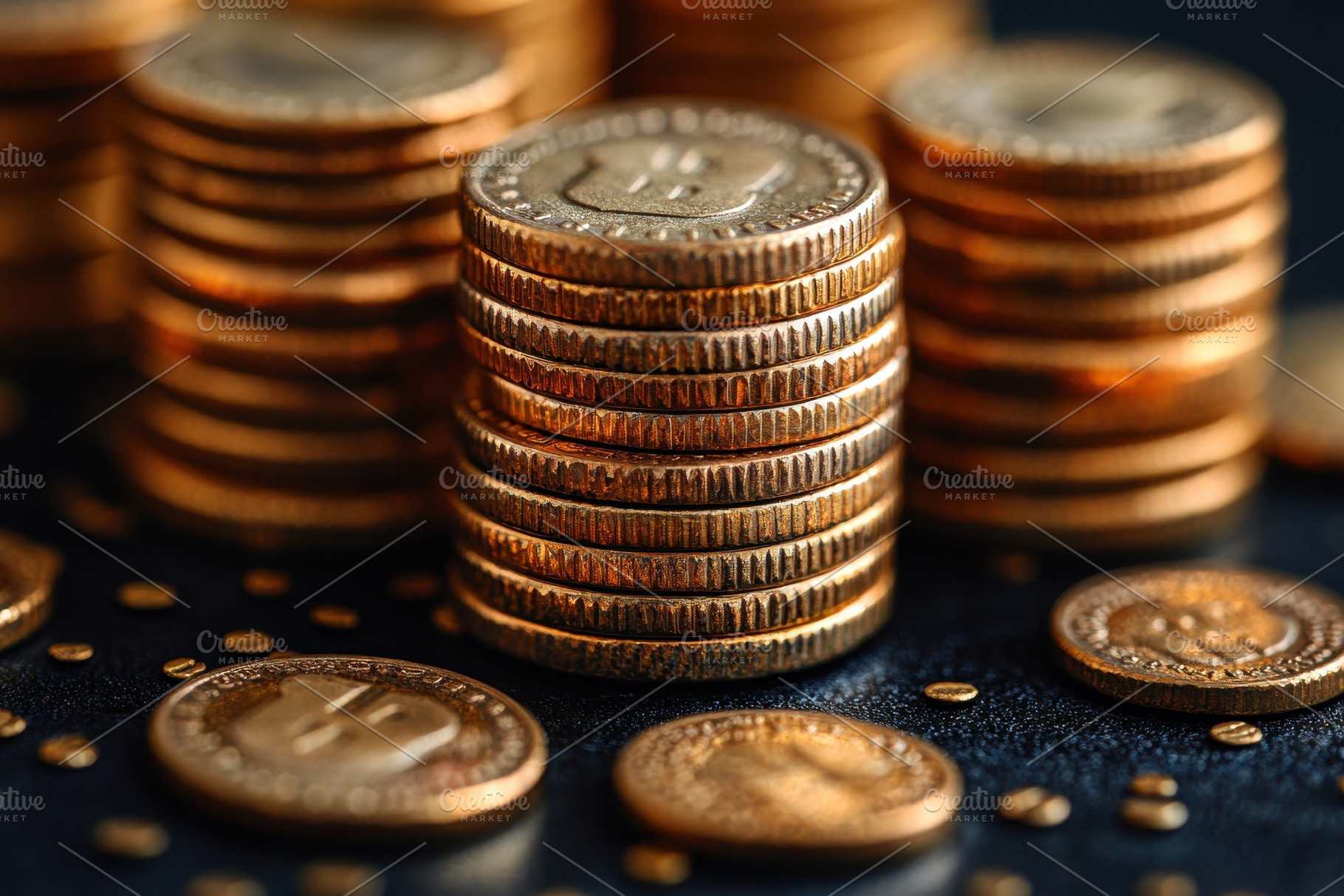 Close-up view of golden coins stacke, a Photo by Tanuart