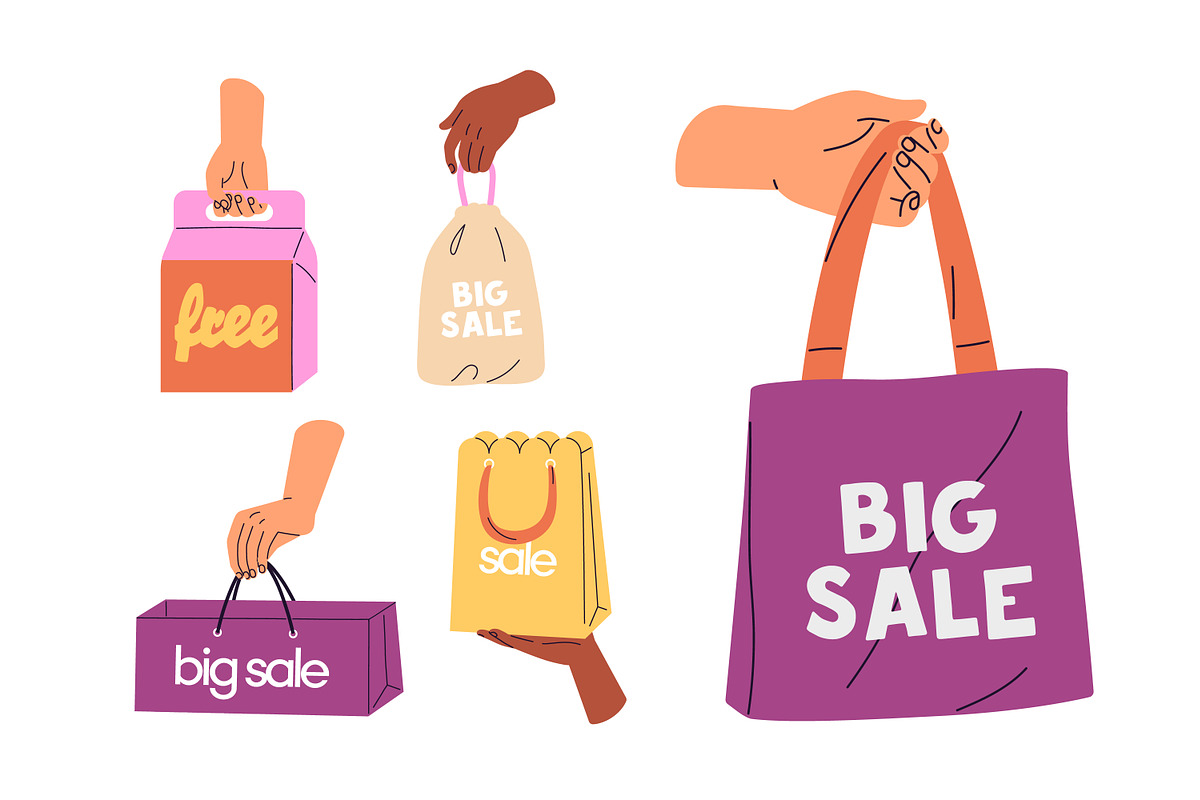 Hands holding shopping bags set, an Object Illustration by PaperTrident (Photo 1 of 6)