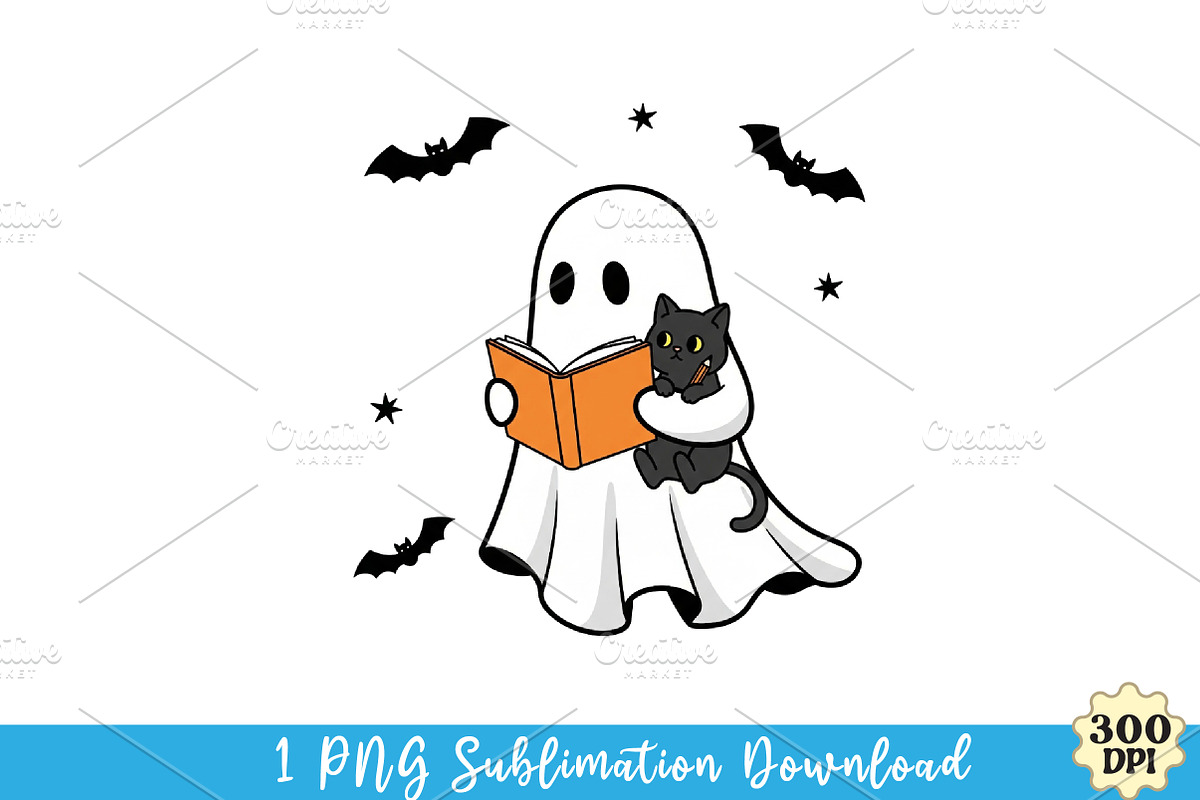Cute Ghost Reading Book PNG, an Illustration by Watercolor design (Photo 1 of 3)