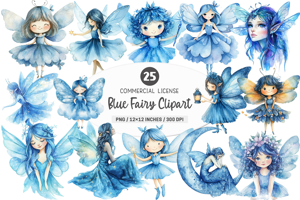 Watercolor Blue Fairy Clipart PNG, an Illustration by SinaCreation (Photo 1 of 5)