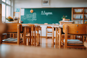 Empty classroom with wooden desks and chalkboard in quiet learning environment, a Photo by AlyaAnd