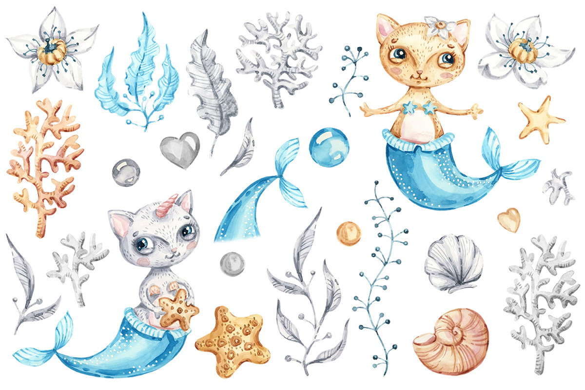 Cat Mermaid watercolor clipart, an Animal Illustration by UlitkaStudio (Photo 3 of 10)