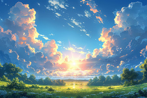 Stunning Anime Style Landscape with Picturesque Sunset and Fluffy Clouds, a Photo by AS photostudio