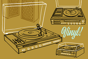 Vintage record player illustrations, an Object Illustration by Serifs & Whiskey