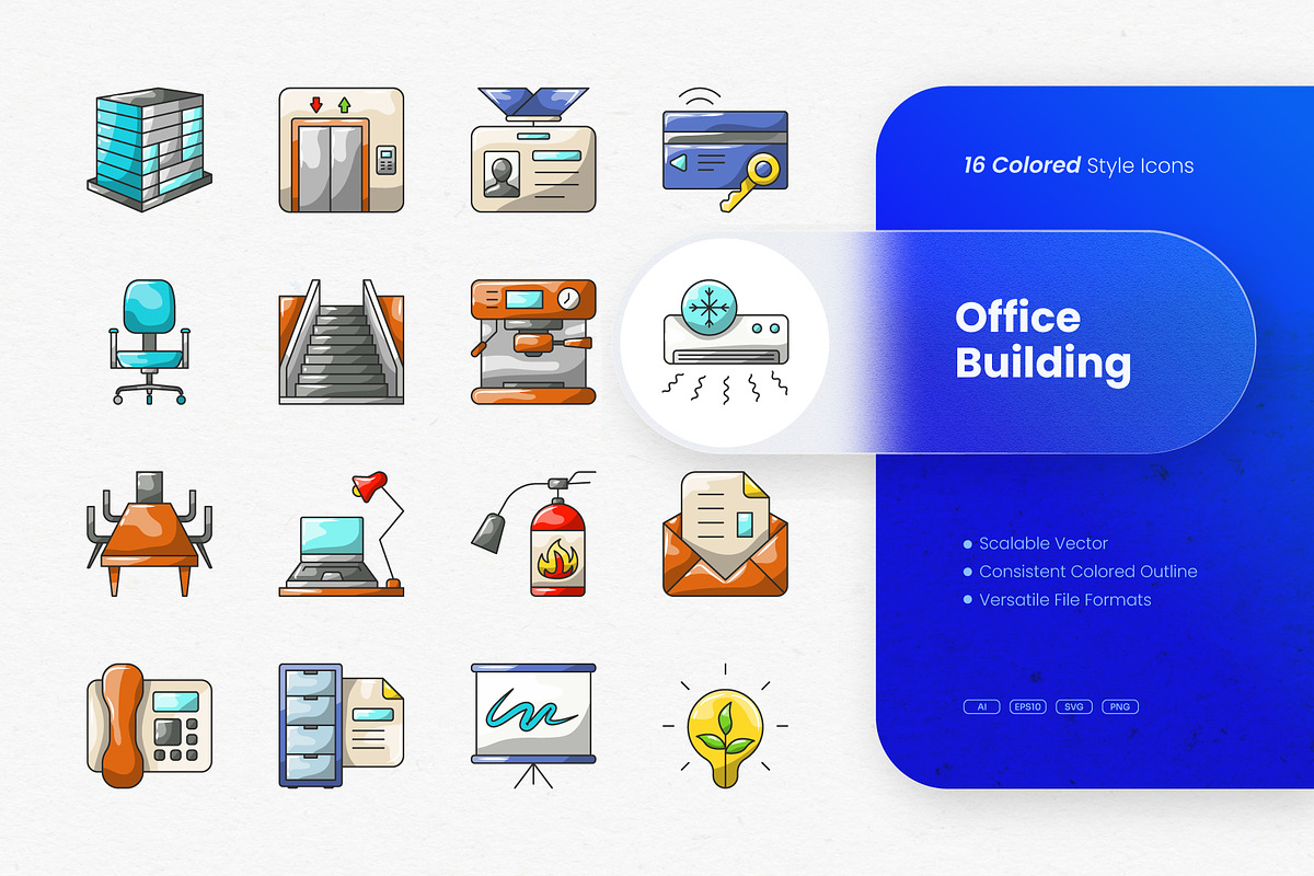 Office Building Colored Icons, an Outline Icon by cidcud_graphic