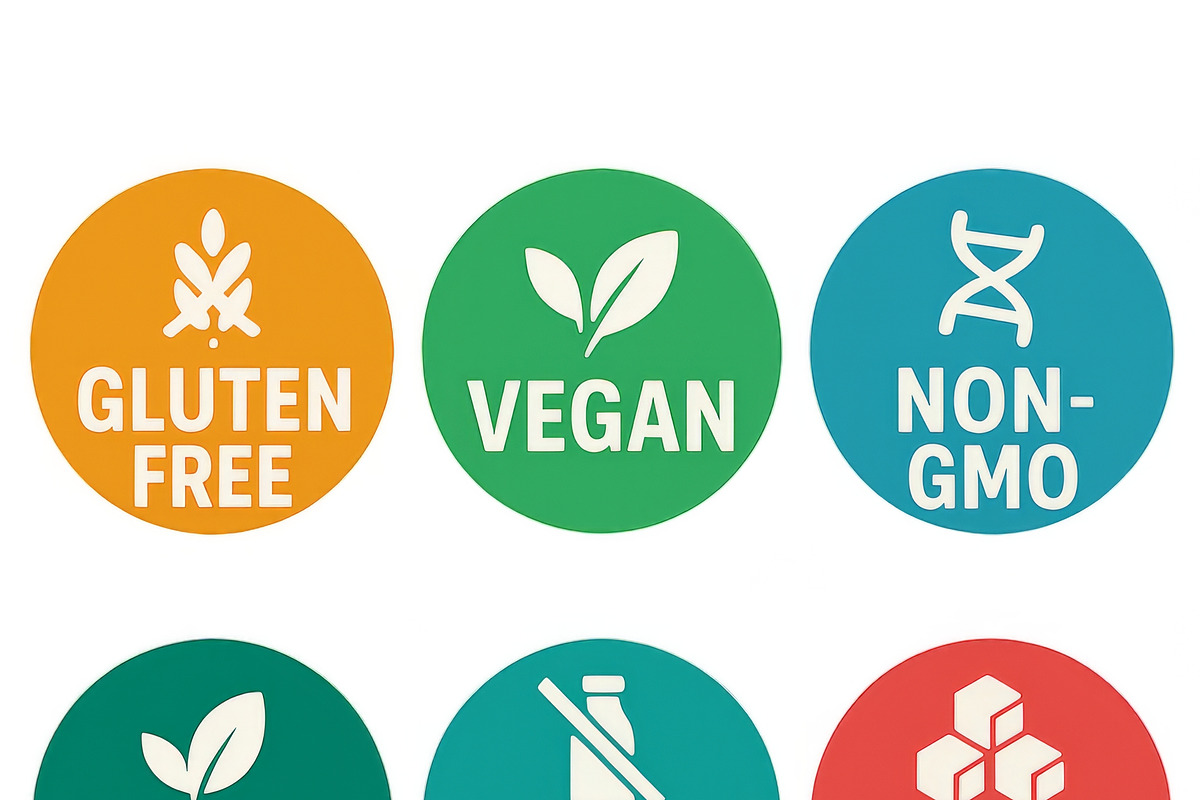 Isolated food label stickers include, an Illustration by Dvoevnore photos