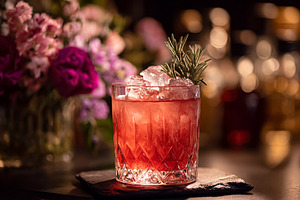 Red cocktail with ice and rosemary garnish, sitting on a dark co, a Photo by Studio ANNA