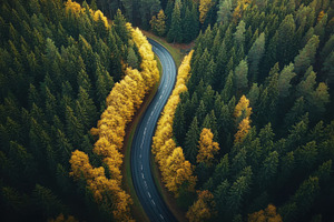 Winding road through autumn forest g, a Photo by Pixeness Studio
