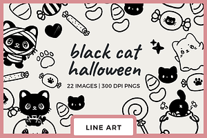Kawaii Black Cat Line Art