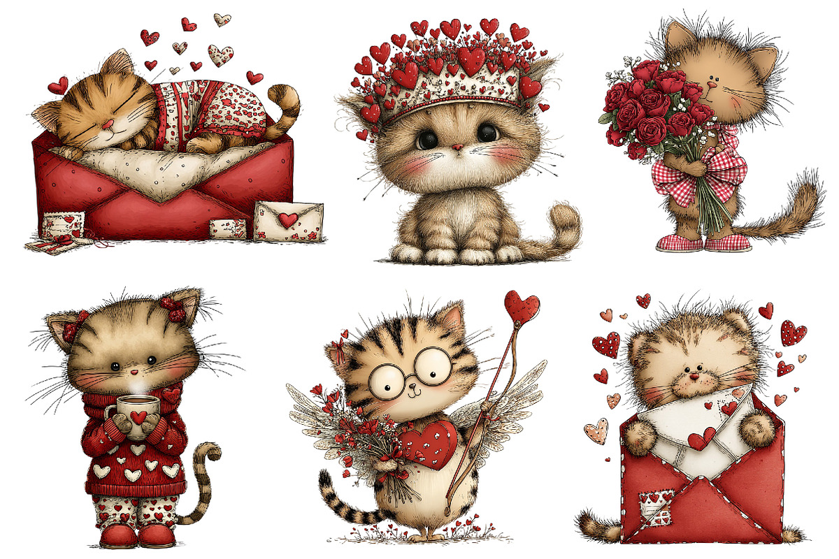 Quirky Valentines Cats Clipart, an Illustration by Dream Creation (Photo 3 of 7)