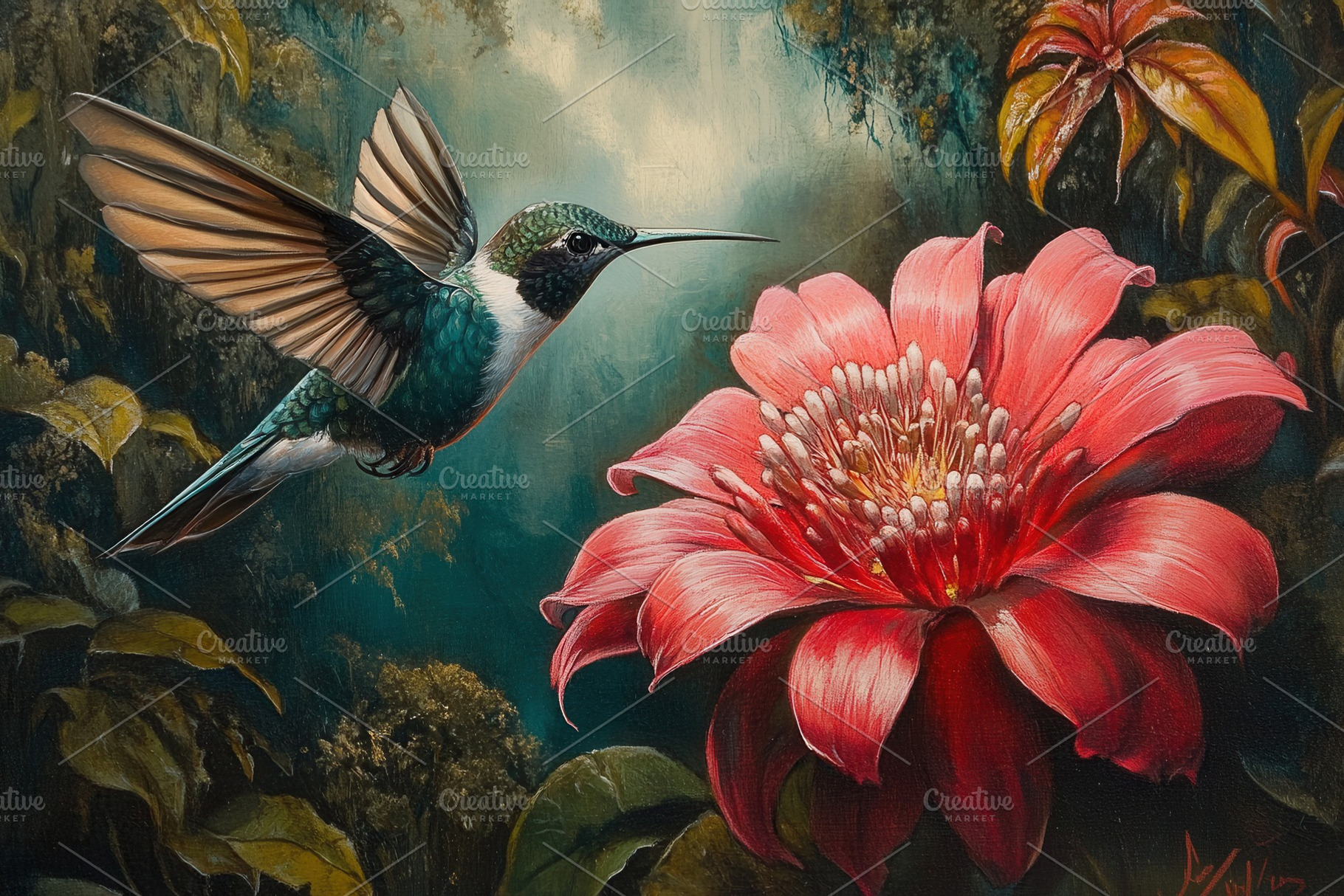 A hummingbird with pink flower, a Photo by Pavel_design