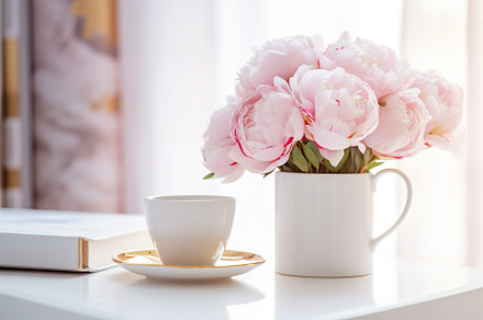 Organized Workspace with Peonies, a Beauty & Fashion Photo by Iconogenic