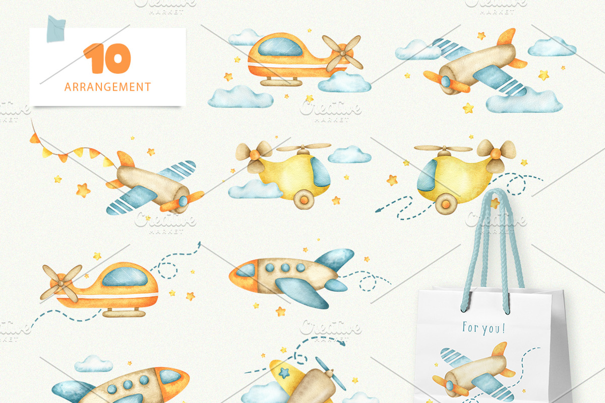 Airplanes kids watercolor clip art, an Illustration by Fedulova Art (Photo 6 of 14)