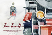 Watercolor Time Traveller Clipart, a Transportation Illustration by ArtCreationsDesign (Thumbnail 12 of 12)