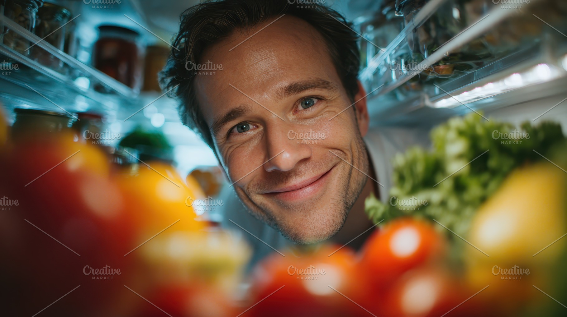 Man smiling inside refrigerator look, a Photo by Pixeness Studio