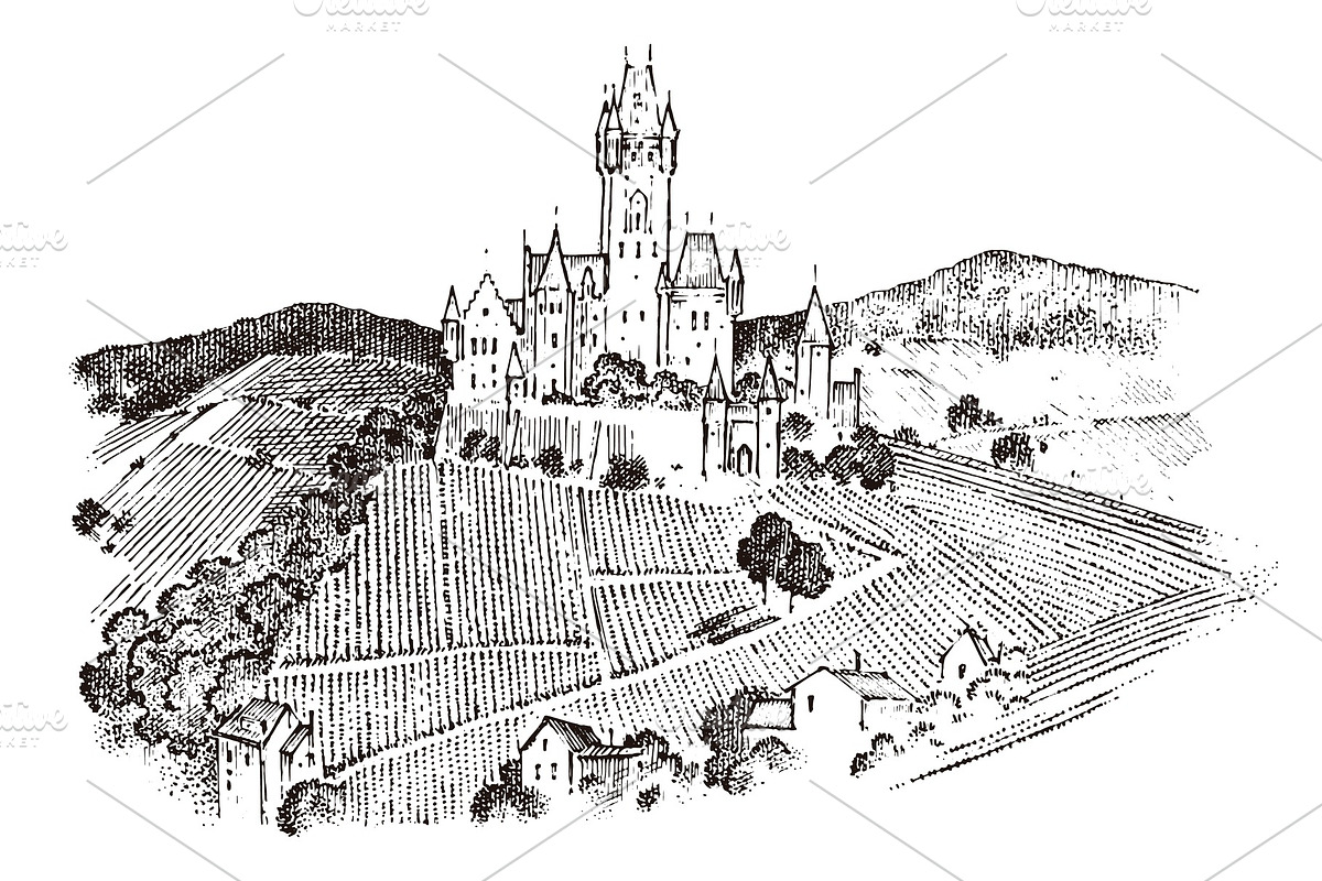 Castle on a hill. Ancient Landscape for the label. Engraved Hand drawn sketch in vintage victorian style. Travel to Europe to the historic building., an Illustration by Arthur Balitskiy