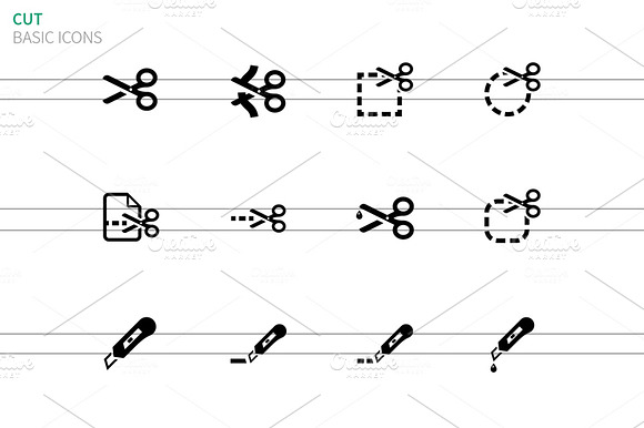 Scissors With Cut Lines Icons