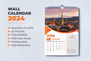 Modern Wall Calendar 2024, a Templates & Theme by pixelcreatx