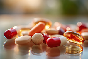 Collection of various pills and capsules in bright light on a reflective surfac, a Health & Medical Photo by AlyaAnd