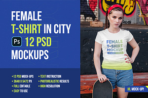 Female T-Shirt In City PSD Mockups