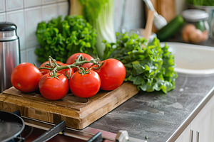 Fresh tomatoes and green lettuce on a kitchen table, a Food & Drink Photo by AlyaAnd