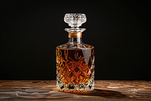 Crystal bottle of scotch whiskey on black background, a Food & Drink Photo by AlyaAnd
