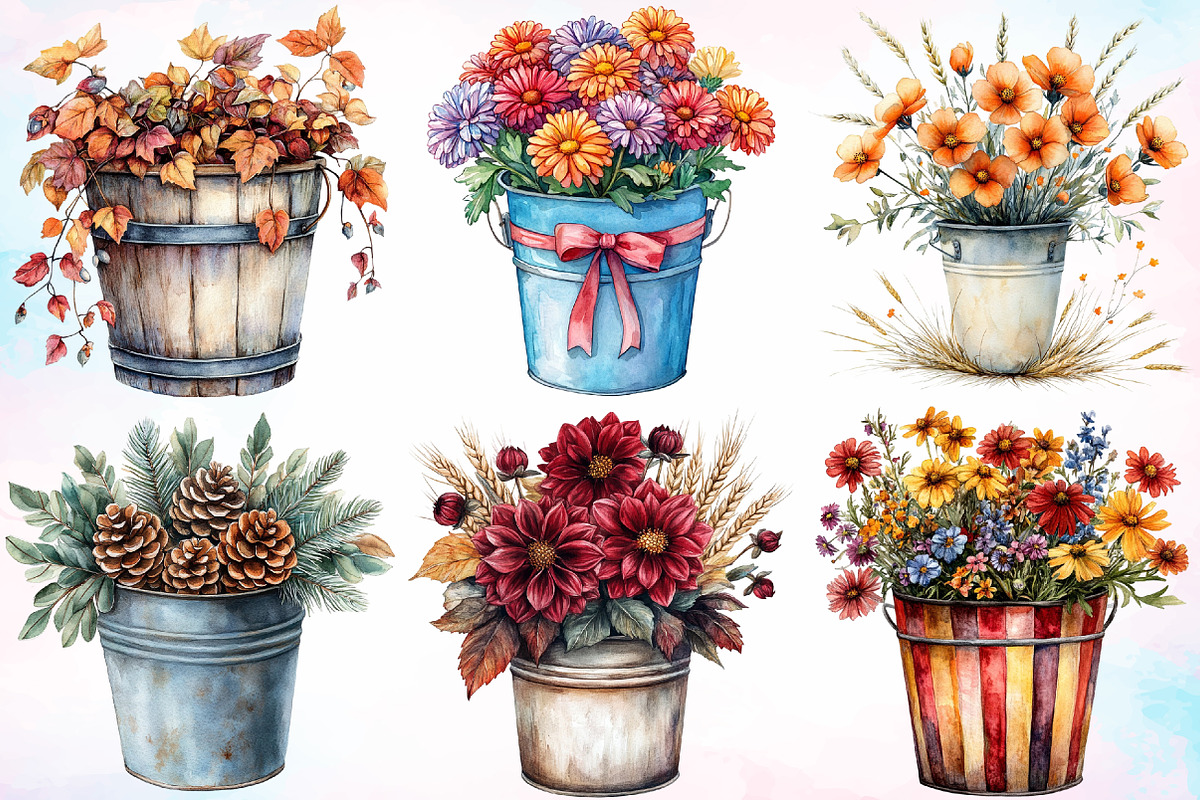Watercolor Autumn bucket flowers PNG, a Seasonal Illustration by Canvas Craft (Photo 2 of 7)
