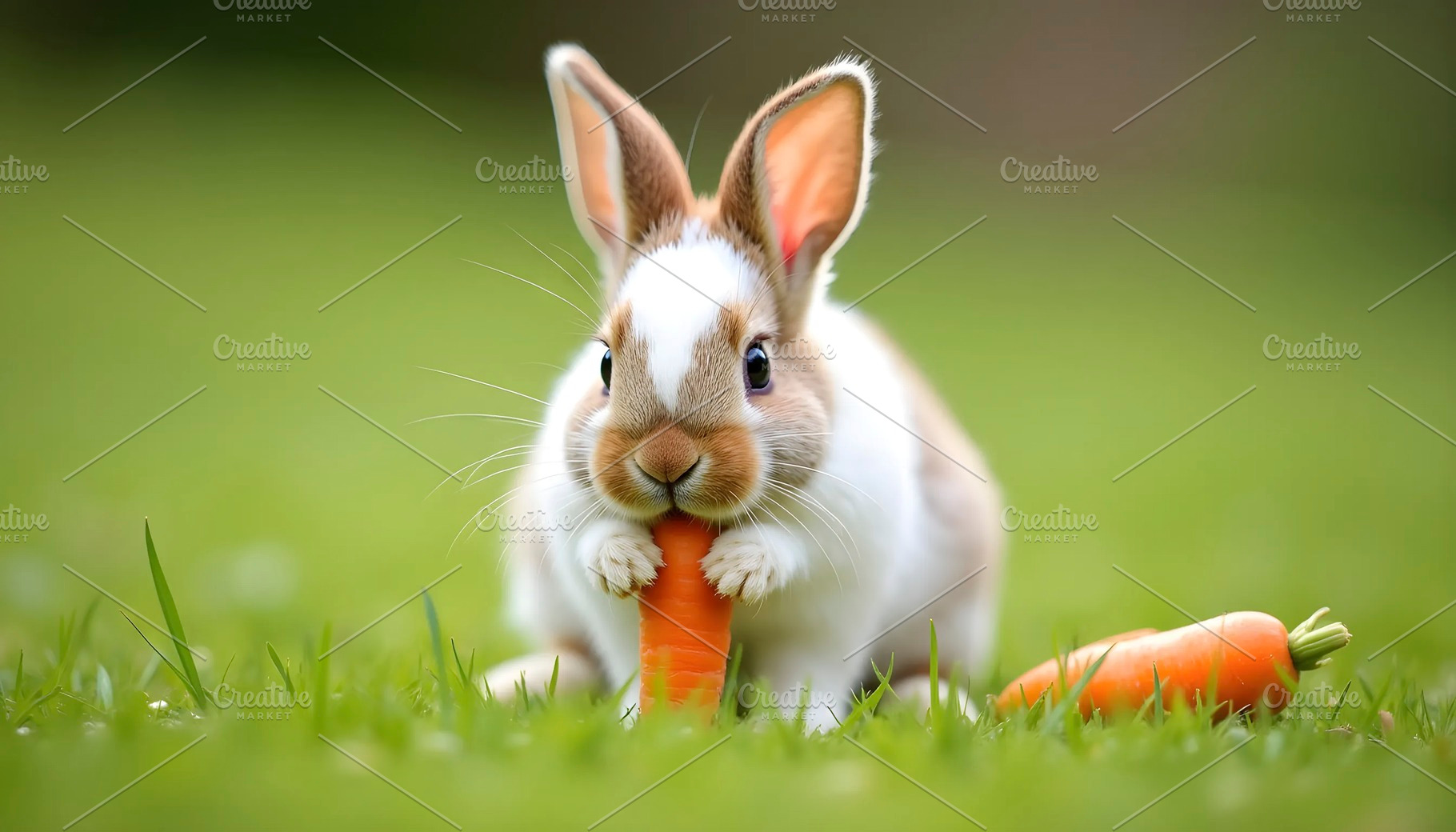 Baby Bunny Eating Carrot On Green Gr, a Photo by LOGOCREATIVE