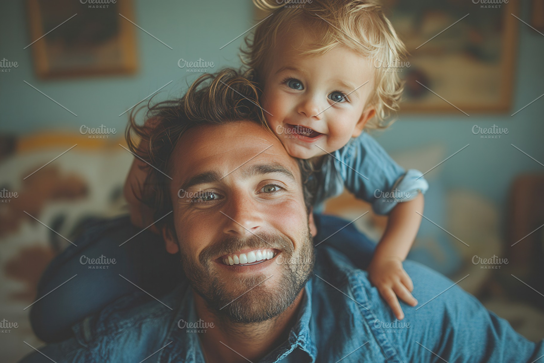 Smiling man enjoys playful moment wi, a Photo by Tanuart