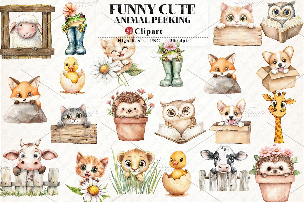 Funny Cute Animal Peeking clipart, an Illustration by Watercolor design (Photo 1 of 13)