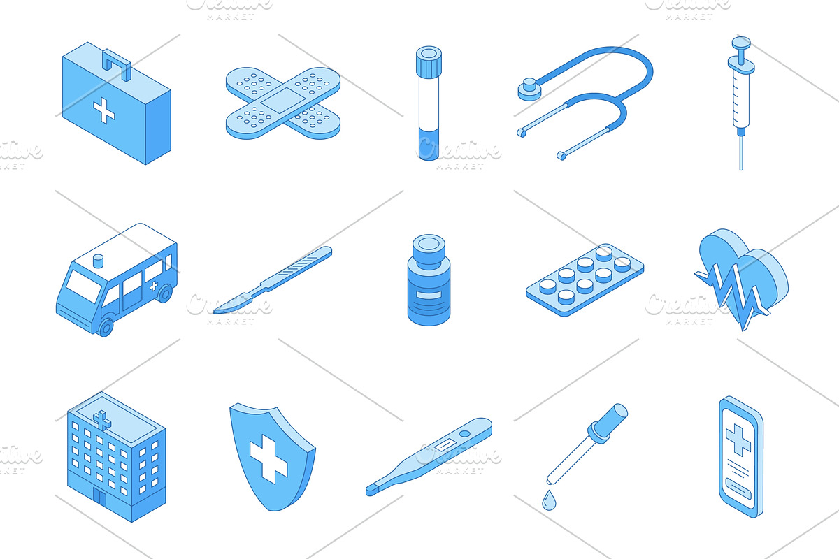 Isometric line medical icons, a Healthcare Illustration by Valerie Bodnar