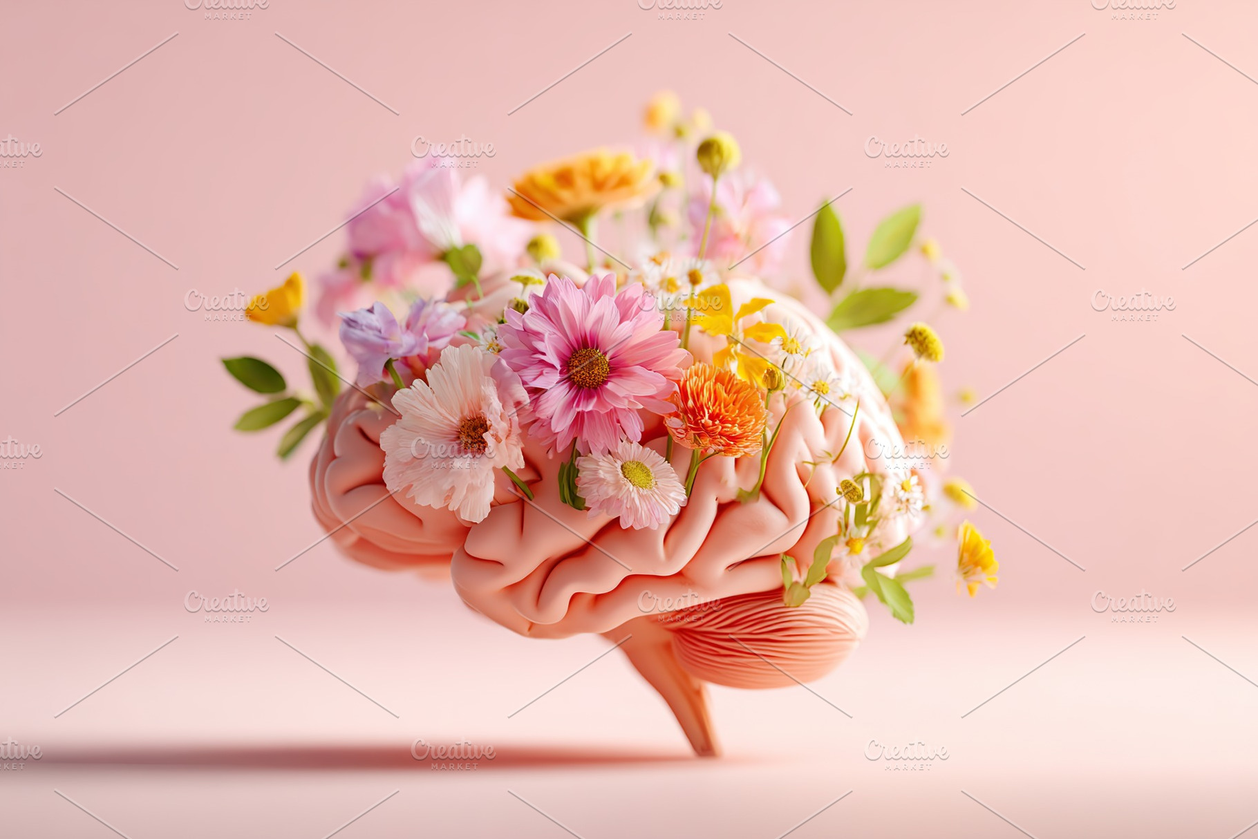 Human brain flourishing with flowers in a tranquil setting, a Nature Photo by AlyaAnd