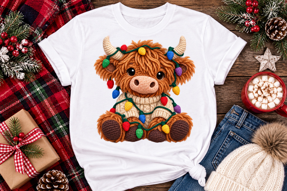 Knitted Christmas Highland Cow PNG, a Seasonal Illustration by Watercolor design (Photo 3 of 3)
