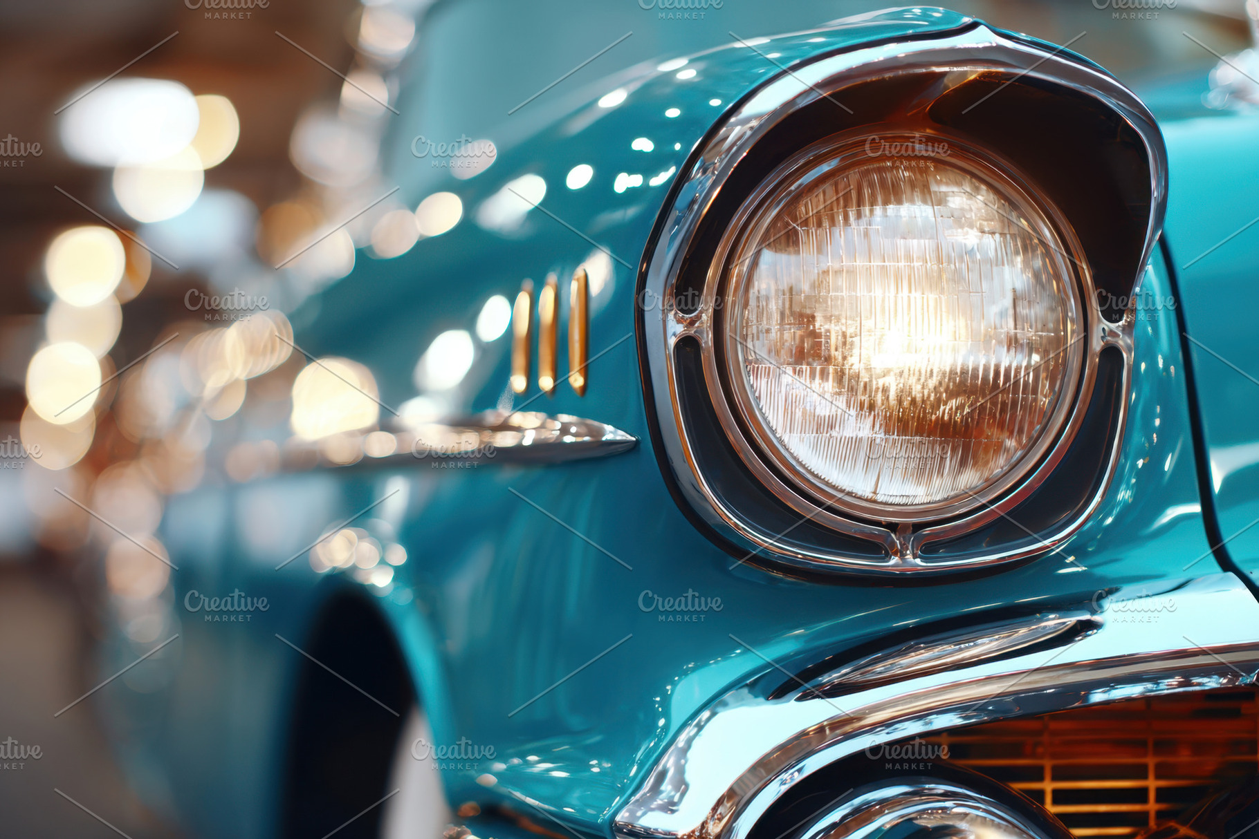 Vintage turquoise car headlight close-up, a Transportation Photo by AlyaAnd
