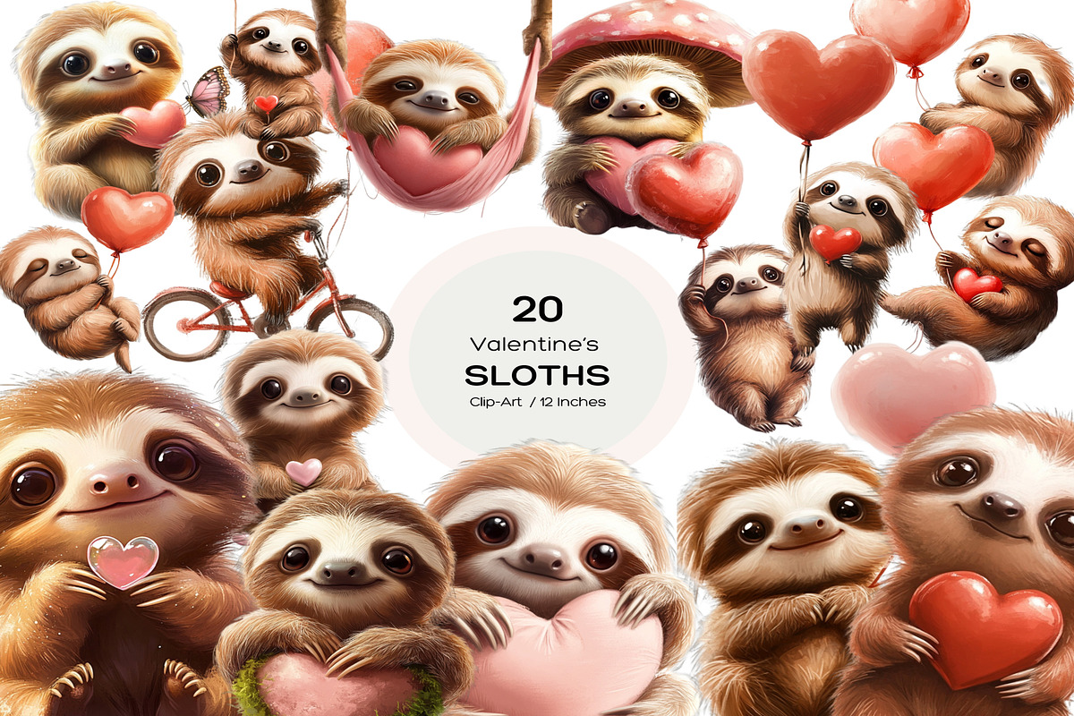 Valentines Day 20 Sloths Clipart, an Animal Illustration by PrintablesByFranklyn (Photo 1 of 3)
