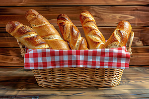 Freshly baked baguette in basket on wooden table, a Food & Drink Photo by AlyaAnd