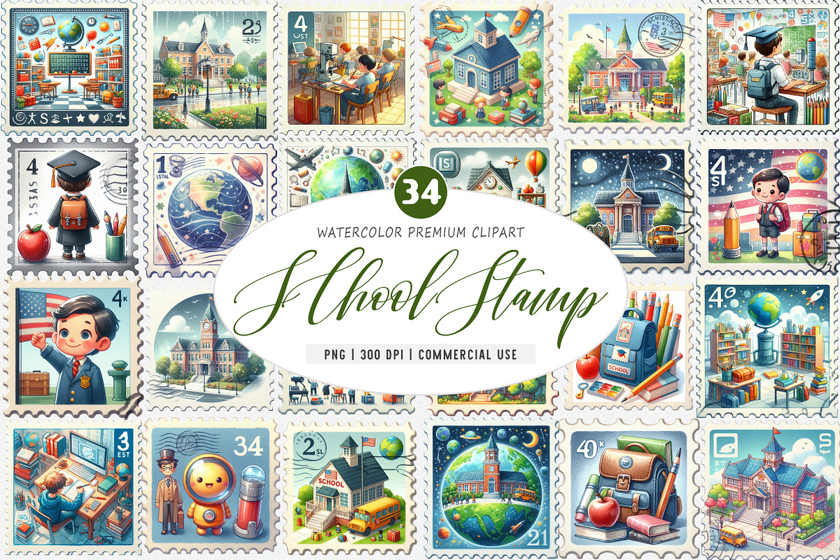 School Postage Stamp PNG, an Illustration by SinaCreation (Photo 1 of 5)