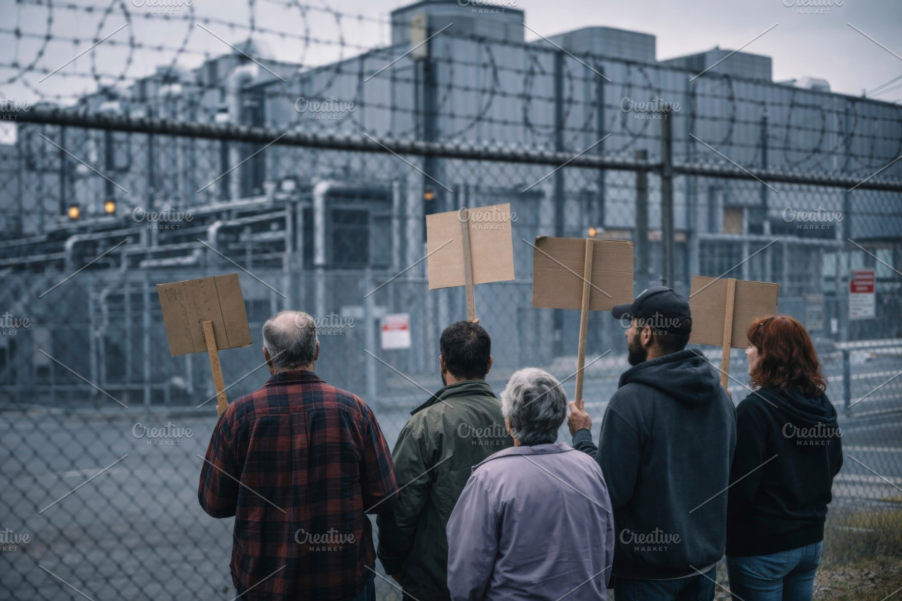 Protesters with signs stand outside fenced AI data center facili, a Photo by Dvoevnore photos
