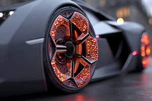 Innovative close-up of a futuristic car wheel showcasing advanced lighting tech, a Transportation Photo by AlyaAnd